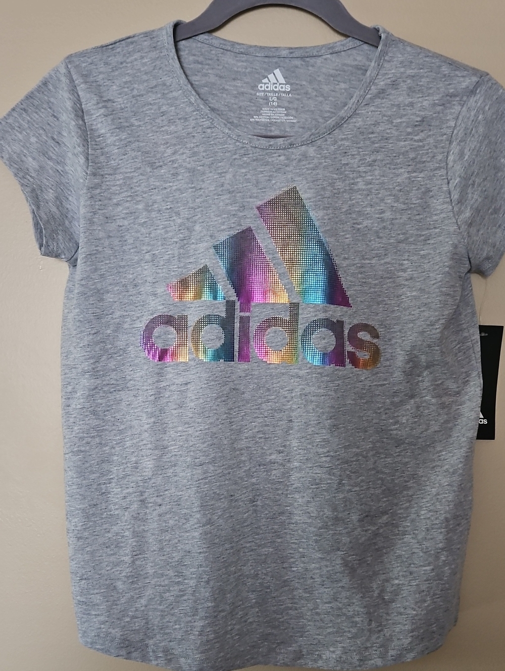 adidas Heather Gray Tee with Iridescent Rainbow Logo